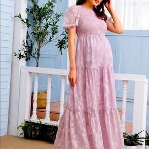 Maternity Shirred Bodice Floral Appliqué Dress